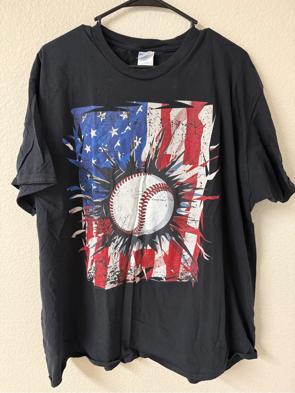 Black T-Shirt with American Flag & Baseball Graphic